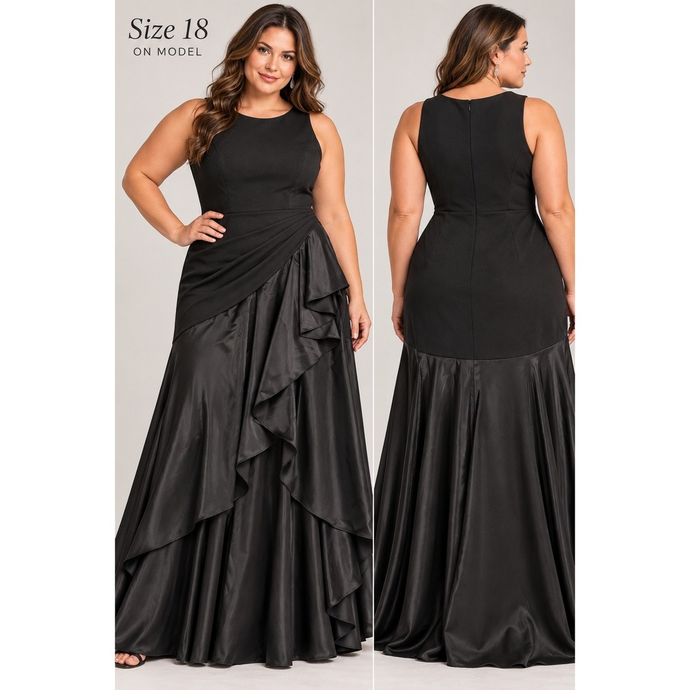 Betsy & Adam Womens 18W Black Crepe Satin Ruffle High-Low Evening Gown A27305Y